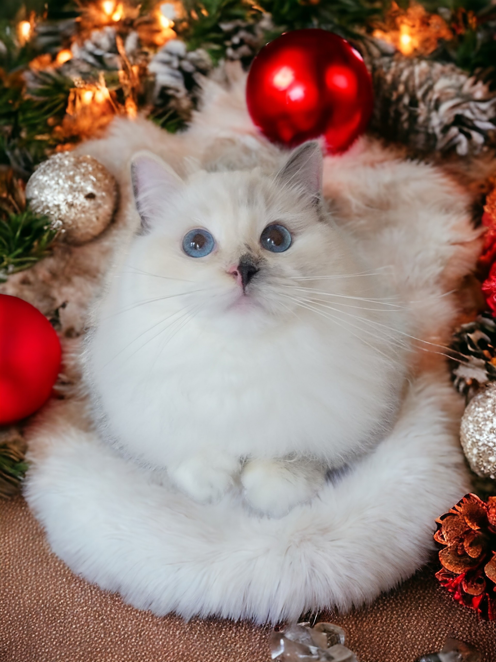 A fluffy white Blossom Ragdoll kitten nestled in holiday greenery and ornaments